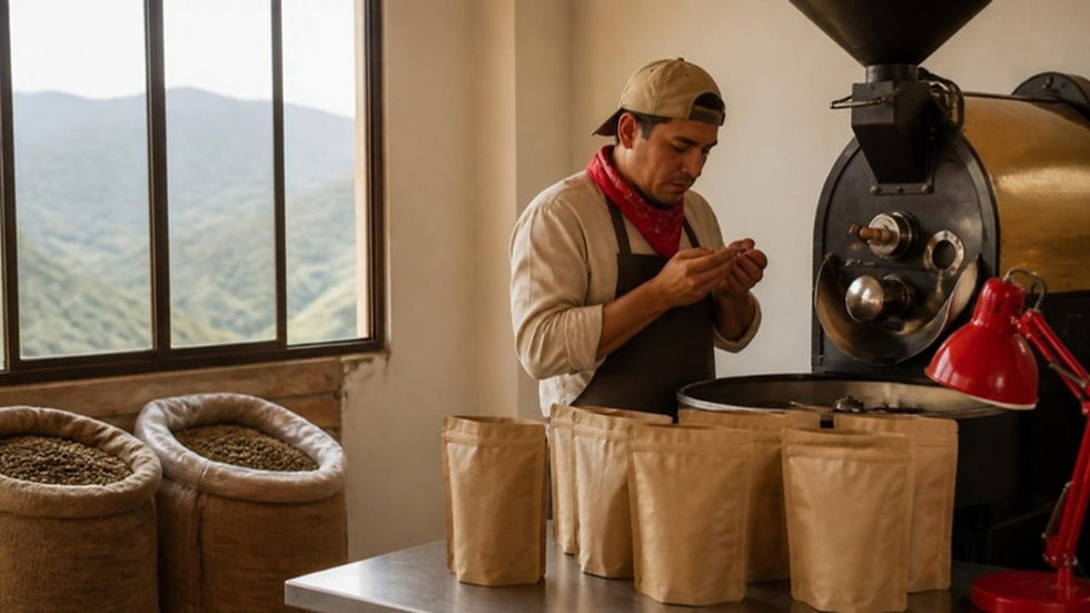 Trabajador revisa el grano en una pequeña tostadora de café en el Huila con sacos de café verde y montañas al fondo.
