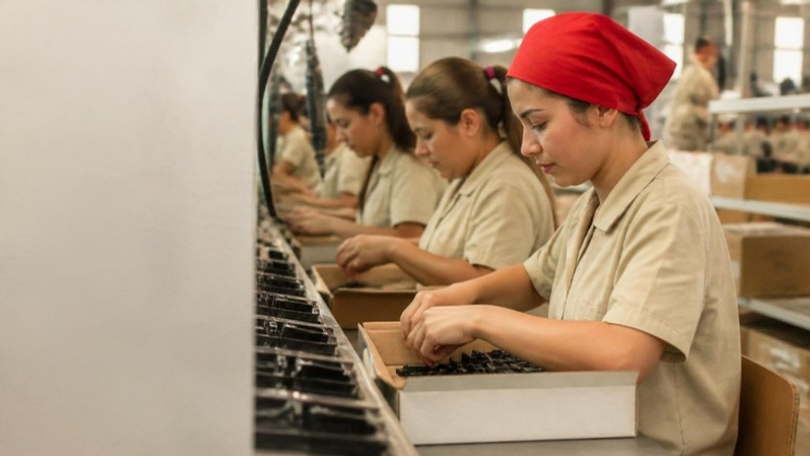 Operarias trabajan en la línea de producción de una planta maquiladora en las afueras de Asunción, Paraguay.