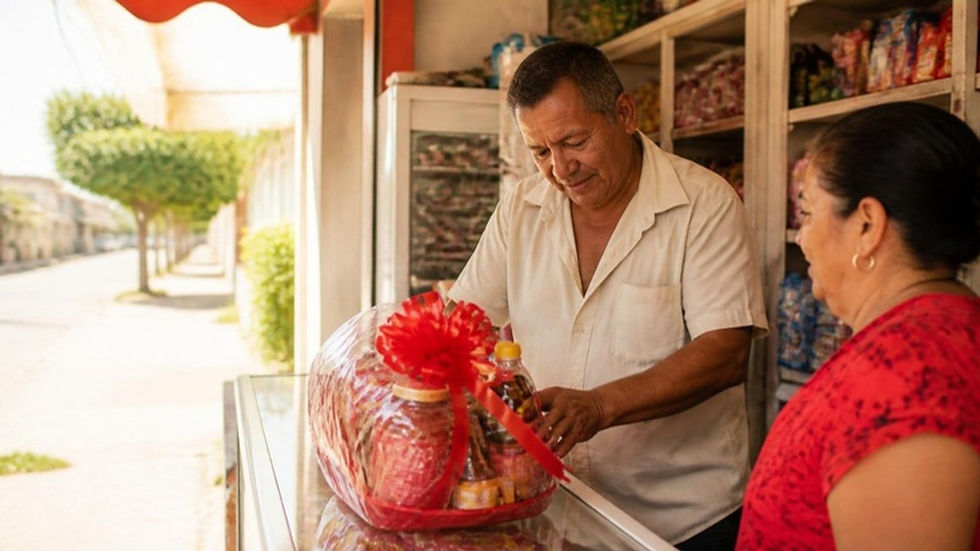 Un tendero de Cúcuta prepara en el mostrador una canasta de premio para una promoción de su tienda
