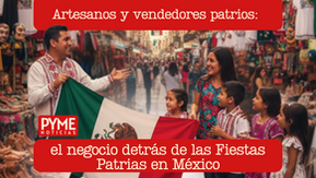 Imagen de PYME Noticias sobre artesanos y vendedores patrios en México: un hombre con camisa bordada sostiene una gran bandera mexicana mientras conversa con una mujer y varios niños en un mercado lleno de máscaras, ropa típica y artesanías durante las Fiestas Patrias