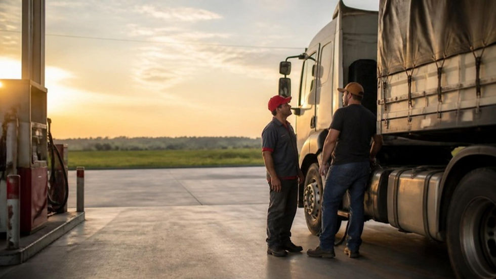 Un camionero conversa con el empleado de una estación de combustible en una carretera de Brasil al atardecer