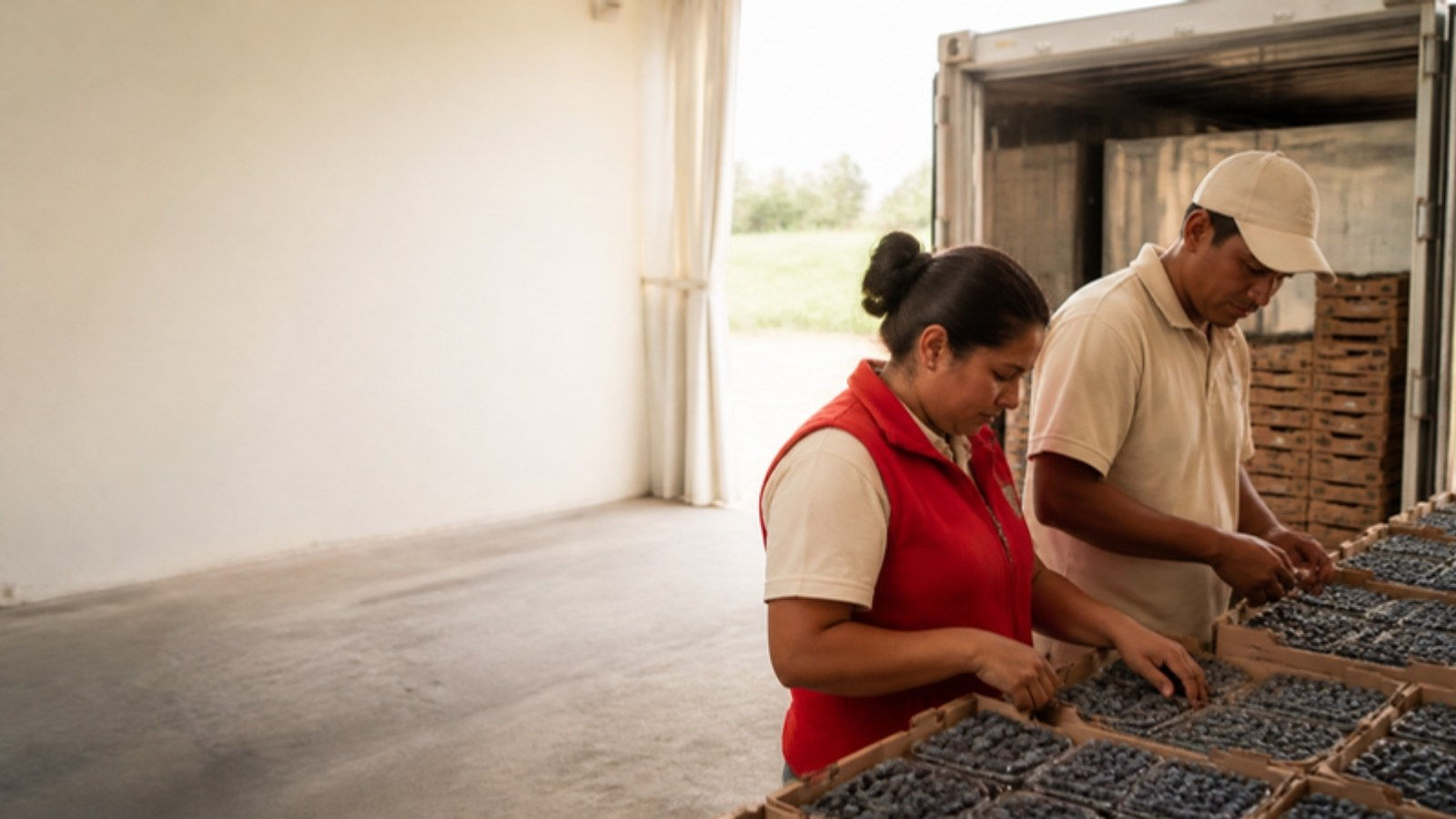 Trabajadores de una empacadora del norte del Perú revisan cajas de arándanos junto a un contenedor refrigerado