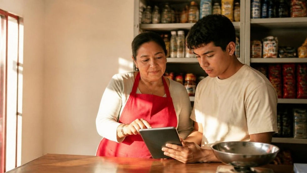 Comerciante capacita a un joven empleado en el uso de una herramienta digital de inventario en su tienda.