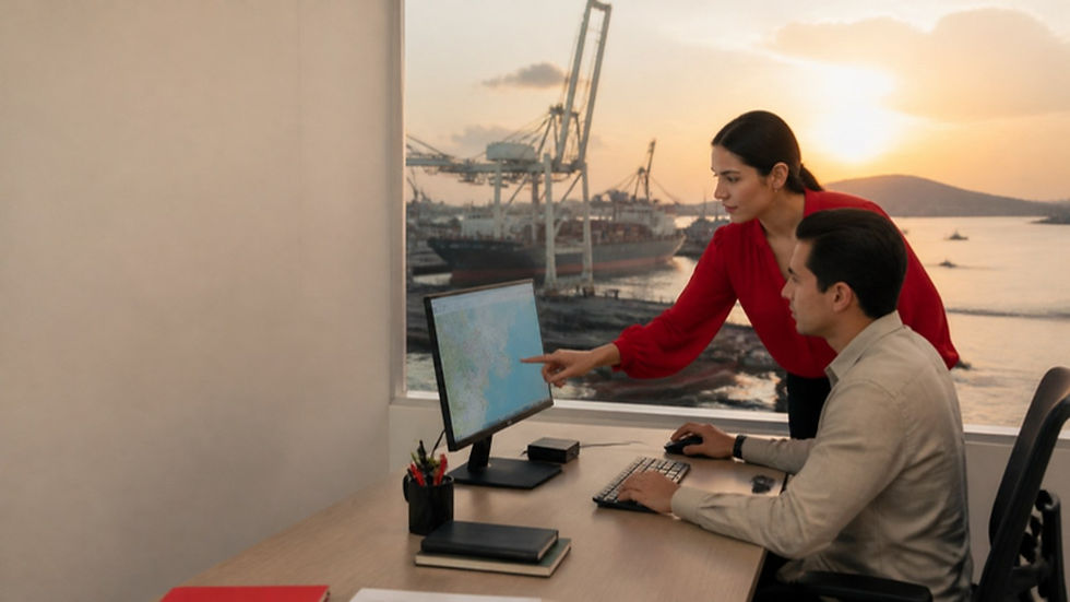 Una gerente y un analista revisan envíos en un monitor frente a las grúas del puerto en Ciudad de Panamá.