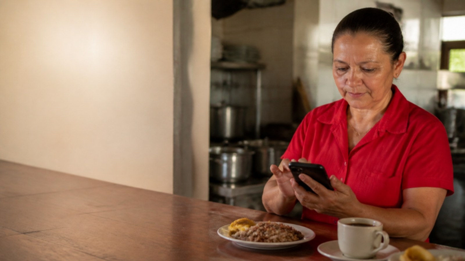Dueña de una soda en San José registra una venta en su celular junto a un plato de gallo pinto y un café