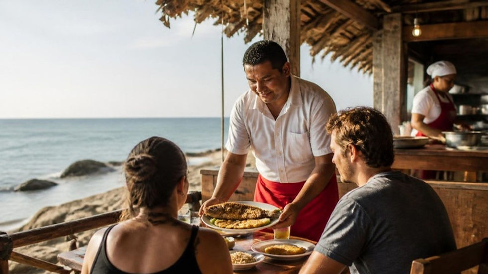Un mesero sirve pescado frito a turistas en un restaurante de playa del Atlántico colombiano
