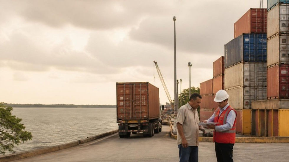 Contenedores en un muelle de Urabá con un camión de carga y un importador revisando documentos con un agente de aduanas.