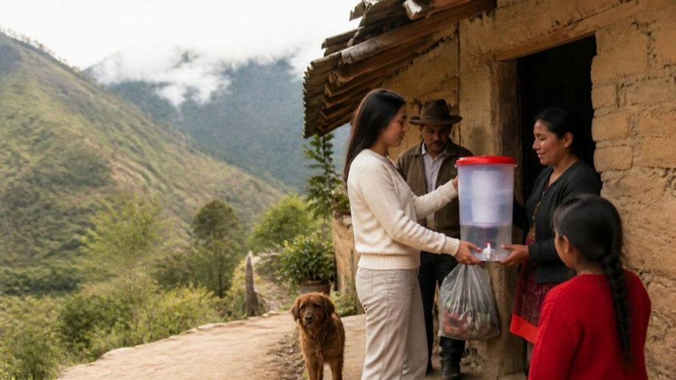 Emprendedora social entrega un filtro de agua a una familia campesina en una vereda andina.