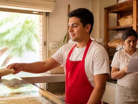 Joven trabajador atiende el mostrador de una panadería de barrio mientras la dueña revisa los turnos.