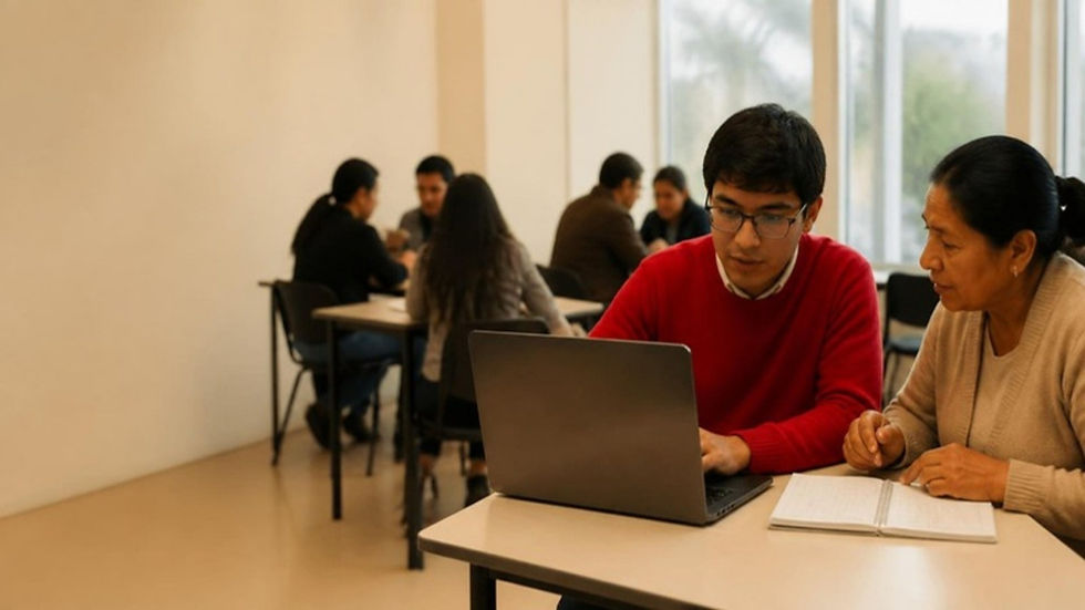 Un estudiante de contabilidad asesora a una microemprendedora en un punto de apoyo fiscal universitario en Ecuador