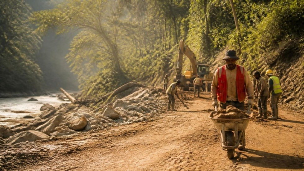 Obreros trabajan en la construcción de una carretera entre la selva del Chocó junto a un río