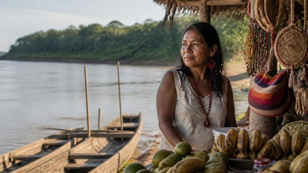 Emprendedora atiende su puesto de frutas y artesanías a orillas del río Amazonas en Leticia.