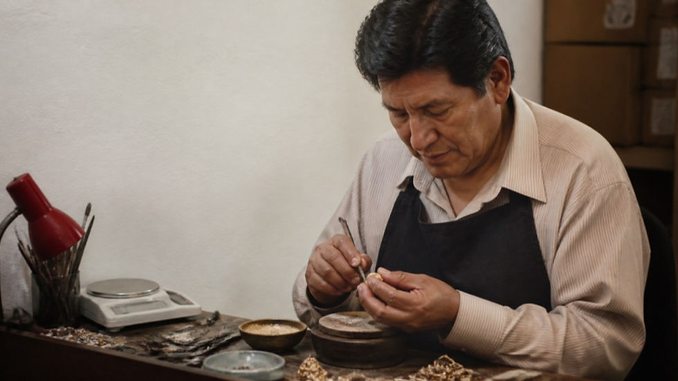 Mesa de trabajo de un taller de joyería en Lima con anillos de oro, herramientas y cajas para envío