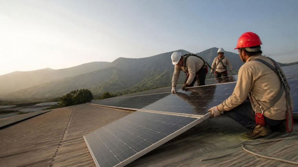 Técnicos instalando paneles solares en una bodega de Ibagué, Tolima.