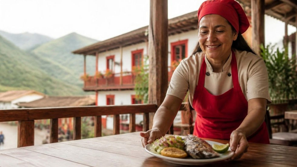 Plato de trucha servido en un restaurante de pueblo turístico cafetero en Salento, Quindío
