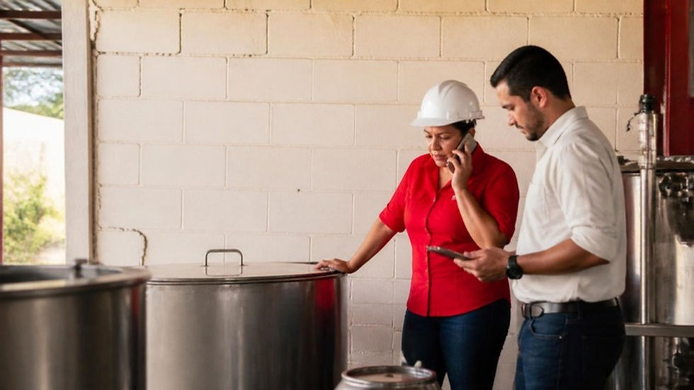 Empresaria con casco revisa su planta agroindustrial en Panamá junto a un funcionario que toma notas tras el terremoto