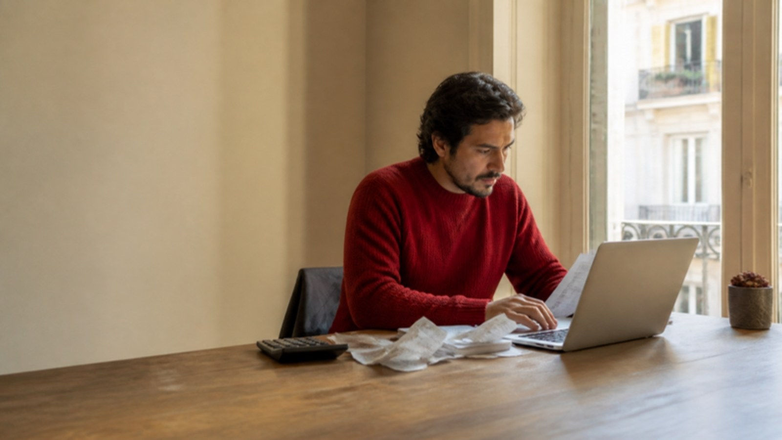 Dueño de un pequeño negocio en Buenos Aires revisa su declaración de impuestos en un computador