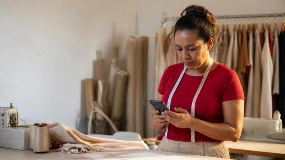 Microemprendedora en un taller de costura en Brasil revisa en su celular una factura emitida.