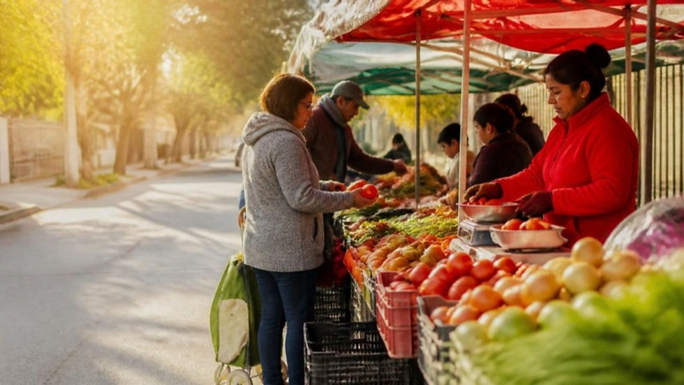 Feriante atiende a clientes en un puesto de frutas y verduras de una feria libre en Santiago.