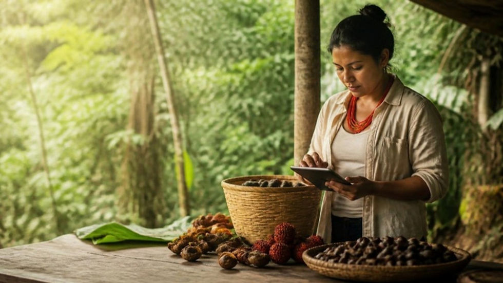Emprendedora de bioeconomía en la Amazonia colombiana registra datos junto a canastos de frutos nativos