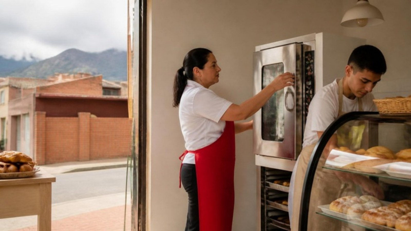 Dueña de una panadería de barrio en Bogotá revisa un horno industrial nuevo junto a un empleado.