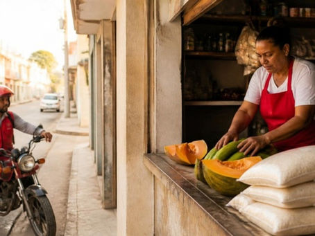 Dueña de un colmado de Santo Domingo acomoda productos en el mostrador mientras un repartidor en moto pasa por la calle.
