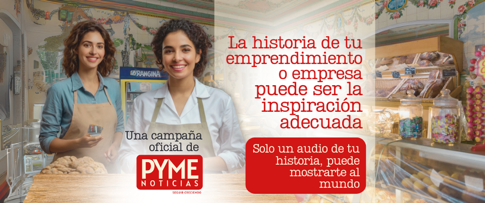 Dos emprendedoras sonrientes en su negocio de panadería, invitando a participar en la campaña de PYME Noticias: comparte tu historia en audio