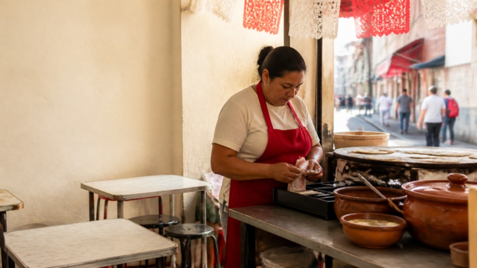 Dueña de una fonda en Ciudad de México atiende su cocina junto a mesas vacías con la calle comercial al fondo.