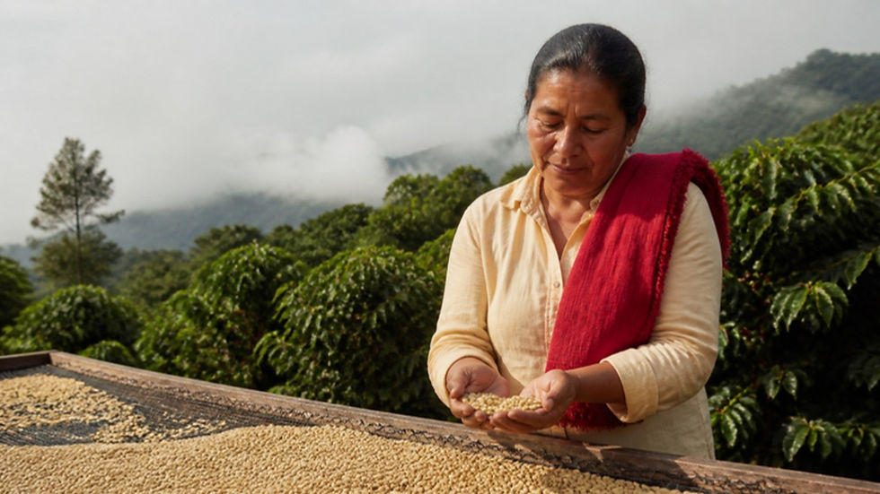 Caficultora caucana sostiene granos de café sobre una mesa de secado en una finca de montaña en Rosas, Cauca.