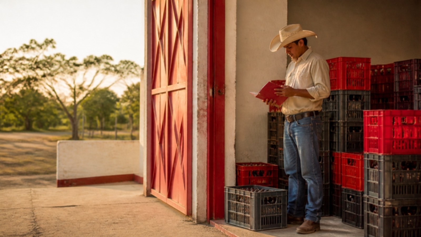 Empleado de una distribuidora de bebidas en Arauca revisa una carpeta entre canastas apiladas en la bodega.