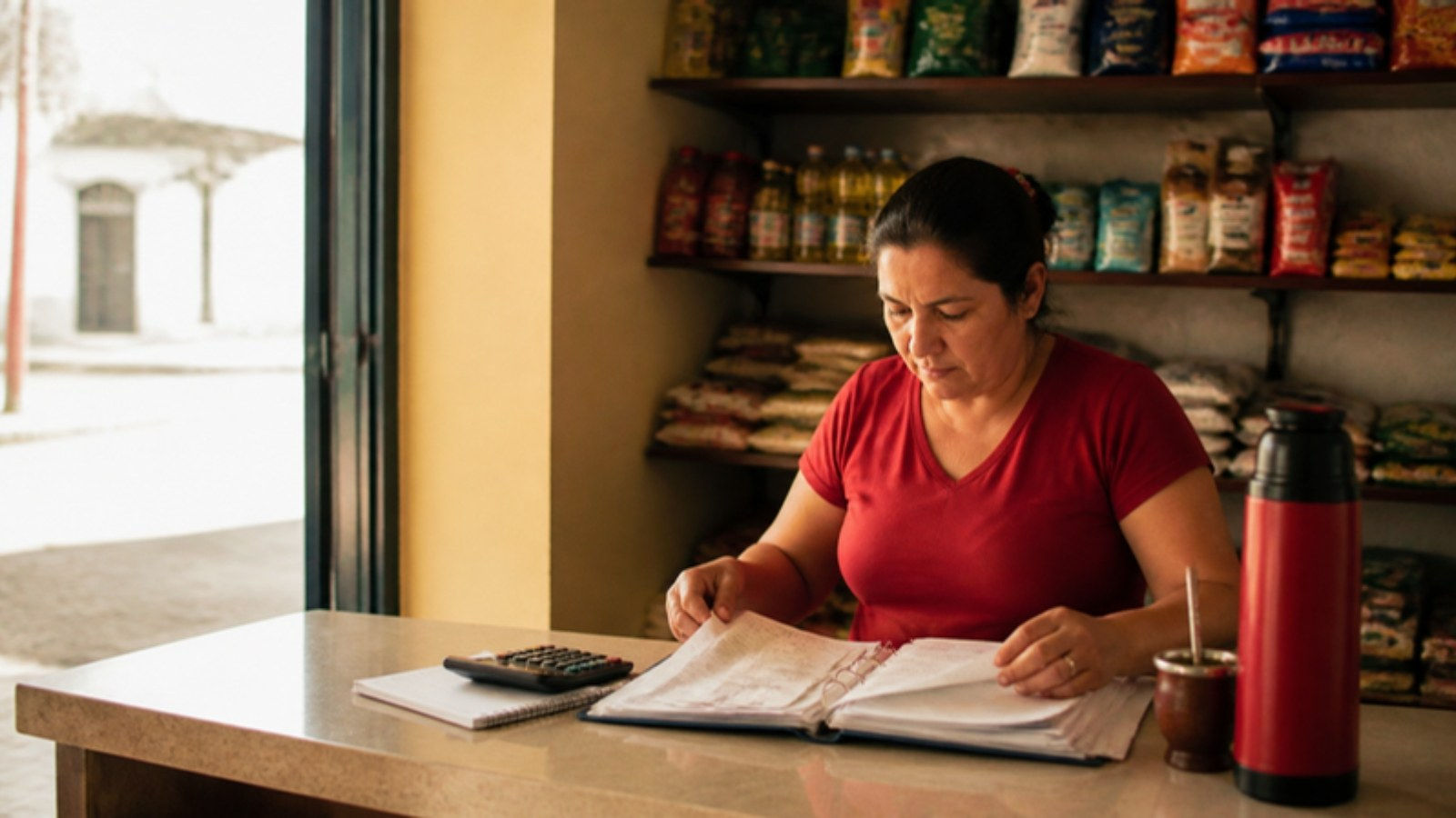 Dueña de un almacén de barrio en Asunción revisa sus cuentas con una calculadora junto a un termo de tereré.
