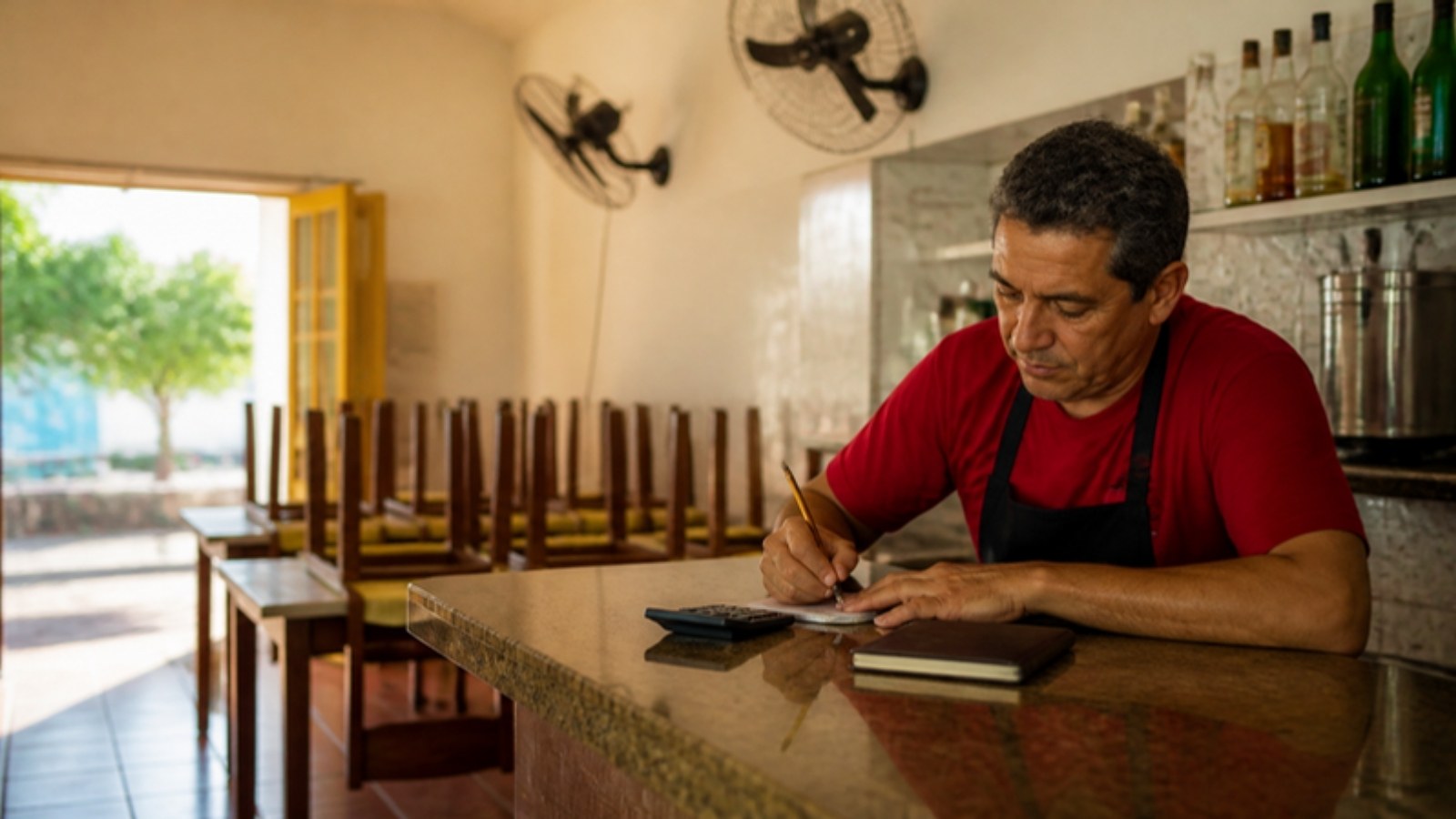 Dueño de un bar-restaurante de barrio en Recife saca cuentas en la barra antes de abrir, con las mesas vacías.