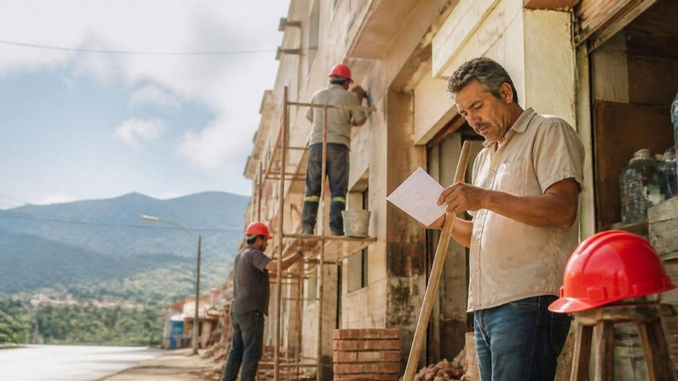 Comerciante de Manizales revisa papeles frente a su tienda mientras albañiles reparan la fachada