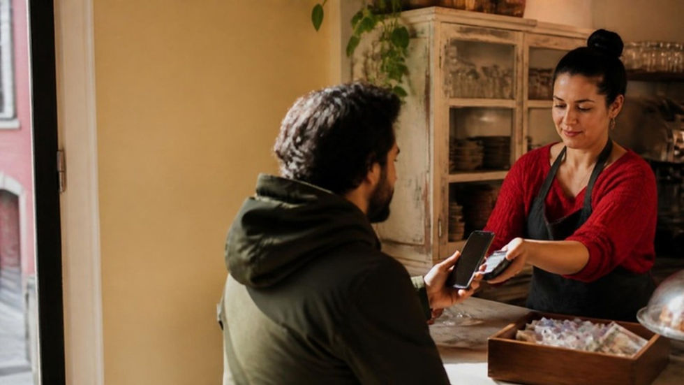 Un cliente paga con su teléfono móvil en el mostrador de un pequeño café de barrio en Chile.