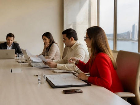Empresarios y funcionarios trabajan alrededor de una mesa con documentos en una sala de Ciudad de Panamá.