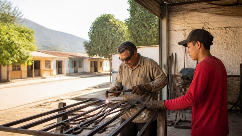 Microempresario trabaja en su taller de ornamentación en un pueblo del Cesar con la serranía del Perijá al fondo.