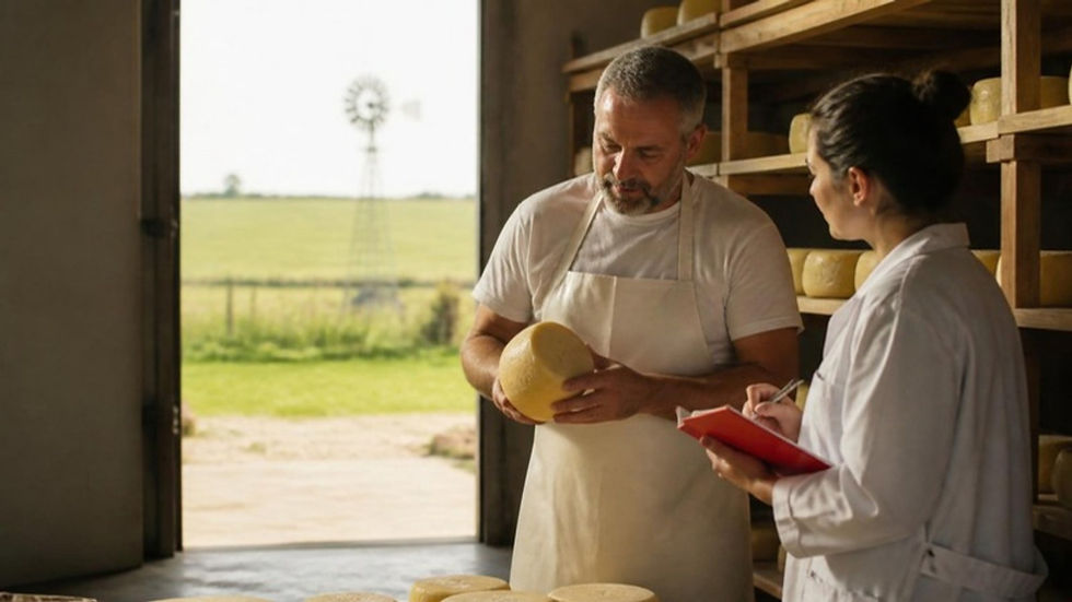 Productor uruguayo revisa quesos en su cava de maduración junto a una técnica, con el campo al fondo.