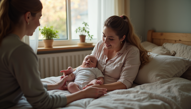Vue en plongée d’une éducatrice spécialisée en visite à domicile avec une jeune maman et son bébé