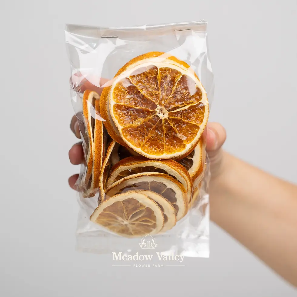 Dried orange slices packaged in plastic packet by Meadow Valley Flower Farm