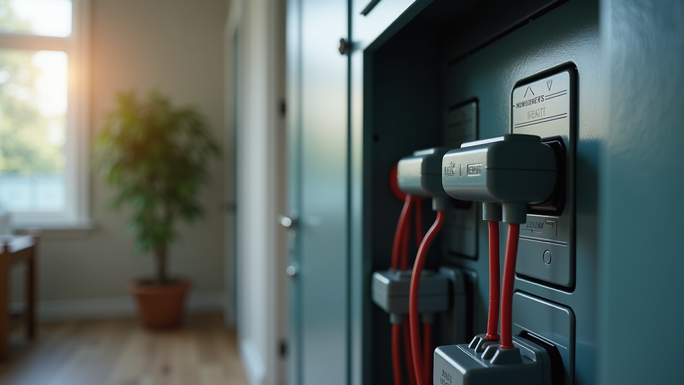Close-up view of a home electrical panel with backup power connections