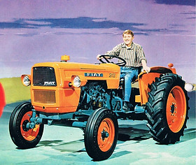 Fiat trattori Someca 315 promotion and brochure photo in color with young man in drivers seat