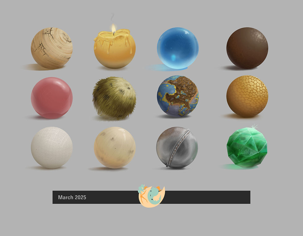 A selection of 12 spheres of a variety of digitally painted materials.