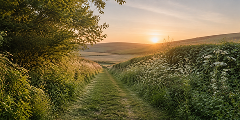 Sunrise over rolling hills with a grassy path through hedges