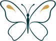 Stylized dark teal butterfly outline with gold accents