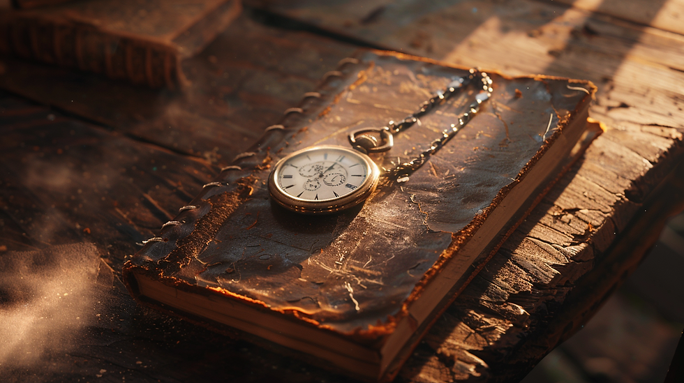 An old leather journal and a pocket watch lying on a wooden table