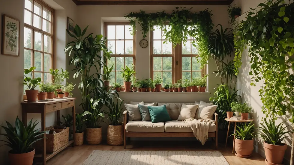 Eye-level view of a cozy reading nook filled with plants