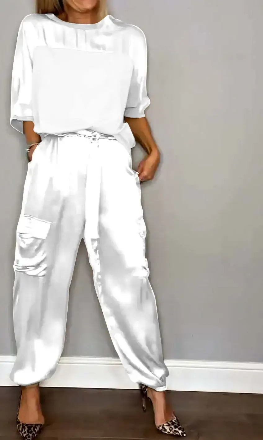 Thumbnail: 2024 Summer Fashion New Elegant Women's Set Street Scenery Smooth Satin Half Sle