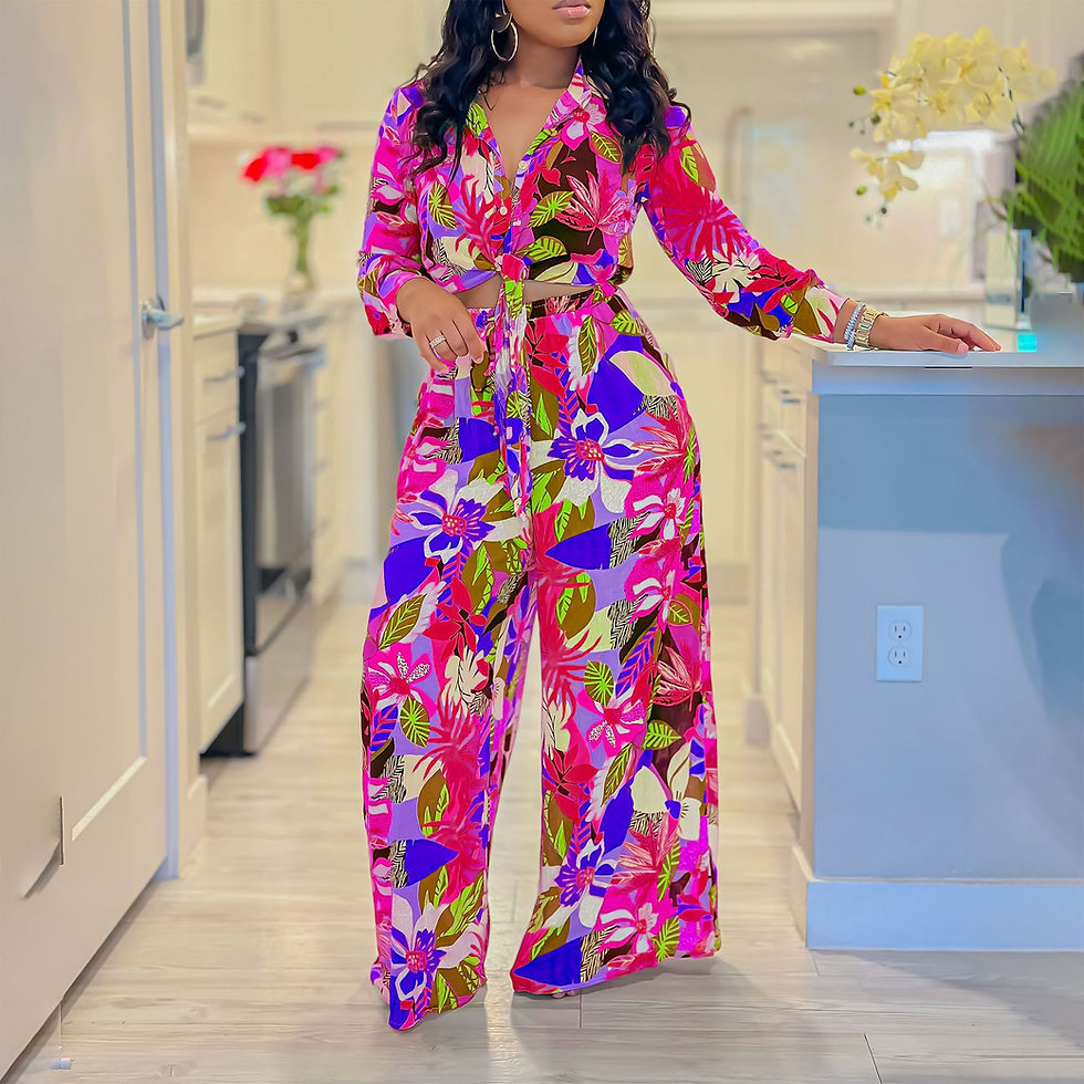 Thumbnail: Women 2 Pieces Printed Pants Sets Blouse & Wide Leg Pants Floor Length Fashion H