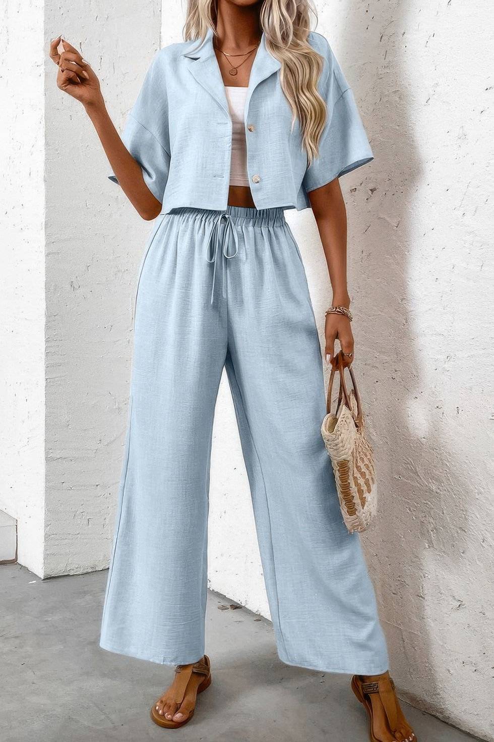 Thumbnail: Drop Shoulder Tie Front Wide Leg Pant Set