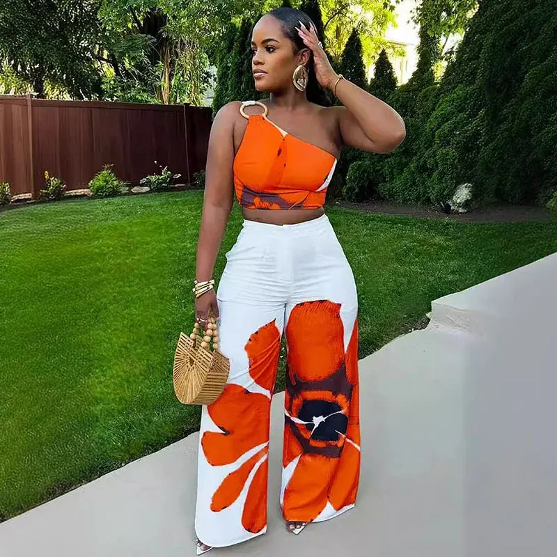 Thumbnail: Floral Print Summer Two Piece Set Women Holiday One Shoulder Crop Top and Loose 